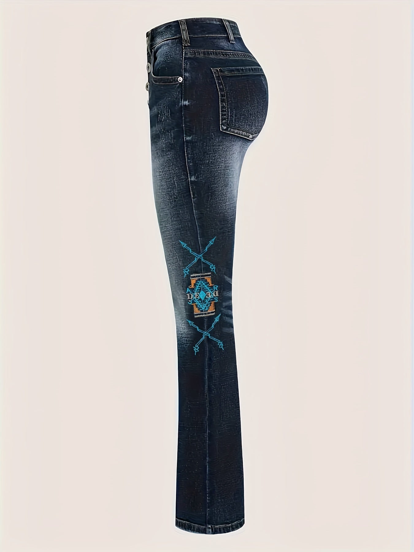 Stylish High-Waisted Cowboy Jeans - Women Jeans with Embroidered Flap Pockets, Stretchy Four-Season Cotton Blend, Casual Straight Leg Fit, Comfortable and Versatile for Daily Wear